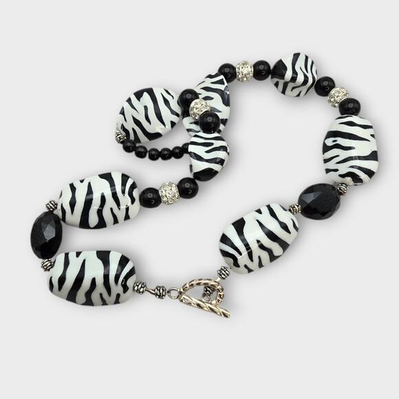Zebra Print Beaded Statement Necklace – Black & White - Picture 5 of 8